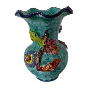 Hand Painted Italian Vase Vintage Floral Blue Signed